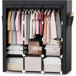 Mavivegue Portable Closet, 50 Inch Wardrobe Closet, Portable Closets for Hanging Clothes with 3 Hanging Rods and 6 Storage Shelves for Bedroom, Black