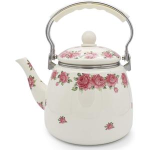 Enamel Teapot floral,Large Porcelain Enameled Teakettle,Colorful Hot Water Tea Kettle pot for Stovetop,Small Retro Classic Design (3.3L, style3)