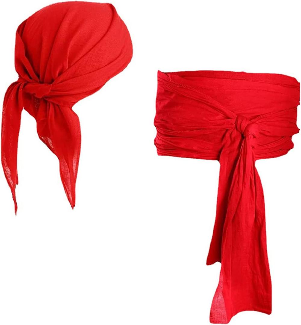 DOOVID Halloween Pirate Costume Accessories Pirate Head Scarf Sash Belt Pirate Bandana Headband Waist Belt (One Size, Red)
