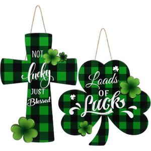 Capoda 2 Pcs St. Patrick's Day Door Decorations Saint Patrick Day Wooden Sign for Front Door Shamrock Buffalo Plaid Religious Blessing Cross Welcome Wreath for Irish Christian School Home Wall Decor