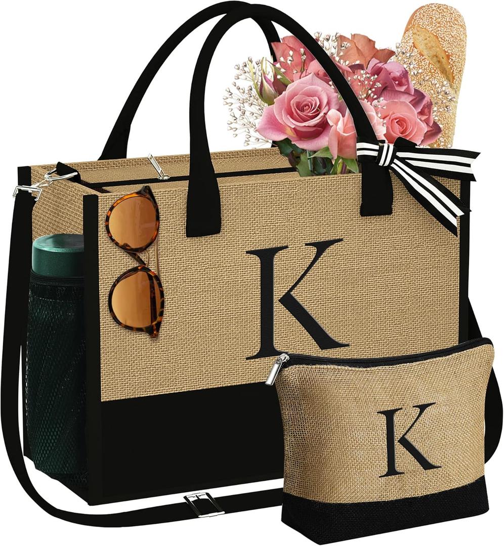 YOOLIFE Gifts for Women - Initial Jute Tote Bag & Makeup Bag, Valentines Day Gifts for Her Teacher Mom Wife Friend Birthday, Large L17" x W6.7" x H13.2",