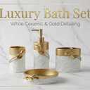 Hymmah Bathroom Accessories Set,Golden Design Toothbrush Holder,Farmhouse Bathroom Decor,4 Pcs Resin Gift Set Apartment Necessities, Contain Toothbrush Cup,Soap Dispenser,Soap Dish,Tumbler