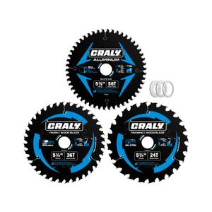 CRALY 5-3/8 Inch 24&36T Wood Framing/Finish & 50T Aluminum Cutting Circular Saw Blade, 20mm Arbor, Carbide Tipped, Thin Kerf, Black Ice, for Wood, Aluminum, Plastic, 3-Pack(C054243650-3D)