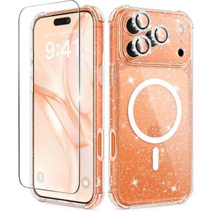 BERFY for iPhone 17 Pro Max Case for Women, Compatible with MagSafe, Clear Glitter Shockproof Protective Case, Anti-Yellowing, with Screen Protector & 3 Diamond Camera Lens Covers 6.9", Sparkle Clear