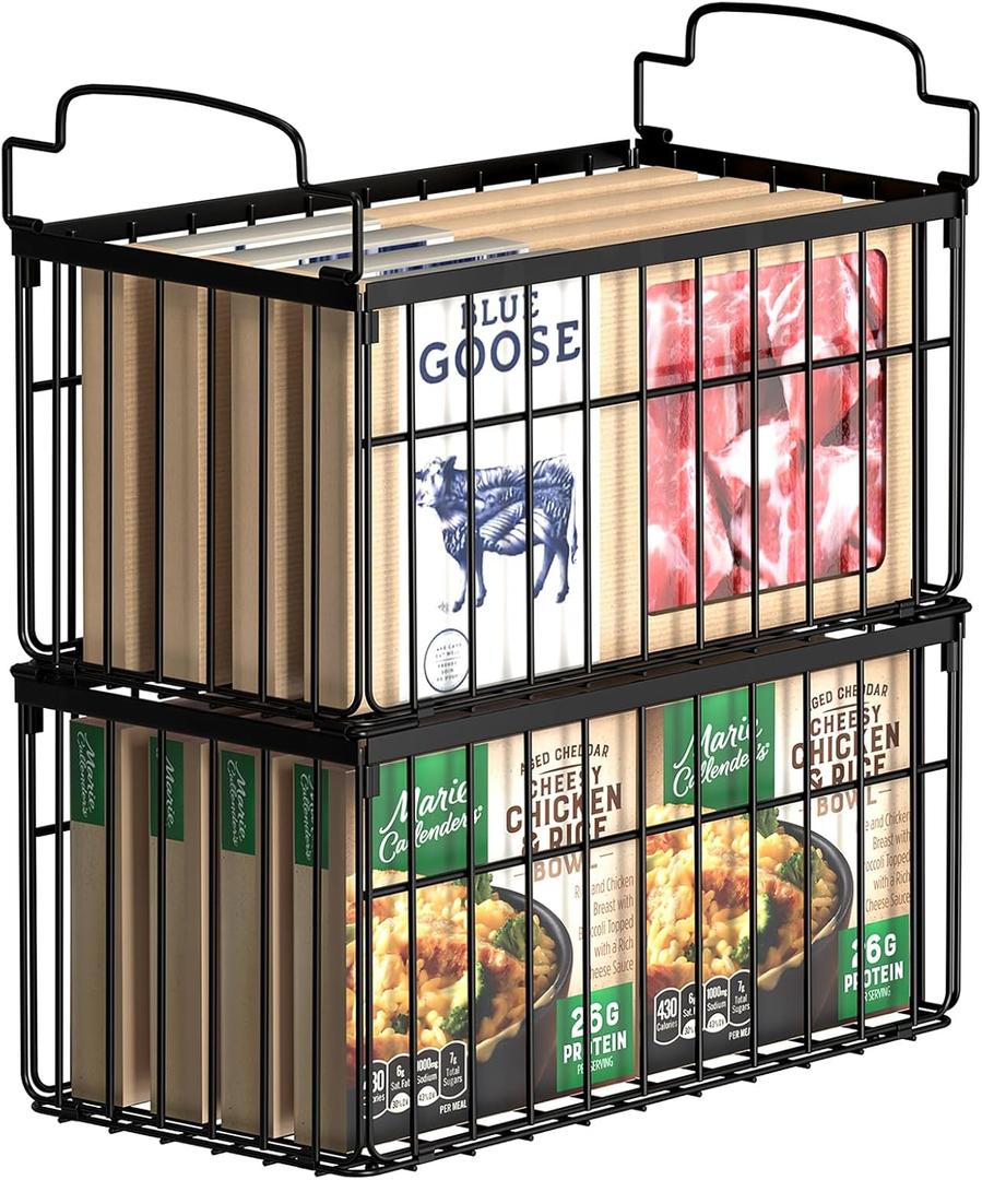 Freezer Organizer Bins, 2 Pack Stackable Deep Chest Freezer Organizer Bins, Foldable Freezer Baskets with Handles, Black Freezer Storage Organizer Baskets for 5/ 7 Cu.FT Sort Frozen Meats