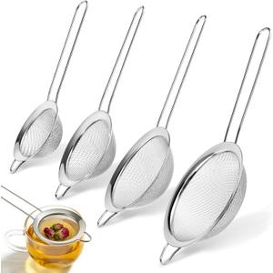 4PCS Fine Mesh Strainer Set, Premium Stainless Steel Fine Mesh Strainers, Food Fine Sieve with Non-Slip Handle, Perfect for Juice, Baking Flour, Drinks, Cocktails, Rice, Jam, Tea(2.8"/ 3.2"/ 3.9"/ 4.7")