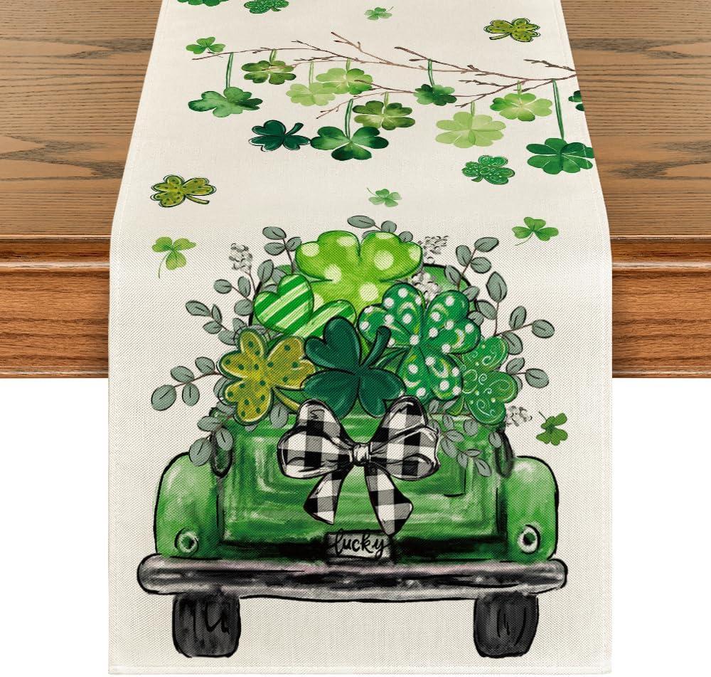 Artoid Mode Truck Shamrock Eucalyptus St. Patrick's Day Table Runner, Seasonal Spring Kitchen Dining Table Decoration for Home Party Decor 13x90 Inch (Beige/Green)