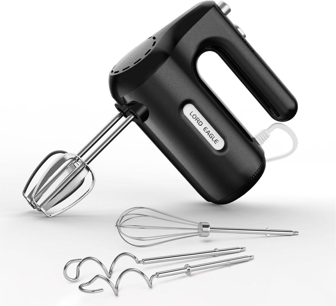 Lord Eagle 5-Speed Hand Mixer Electric, 300W Compact Handheld Mixer, Portable Kitchen Egg Beater with 5 Attachments & Storage Bag, Cake Supplies for Bread Dough Baking, Lightweight, Black