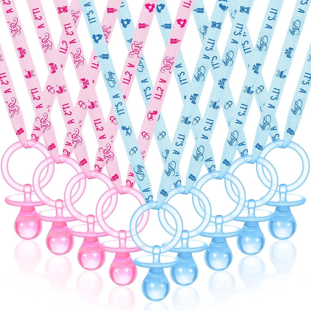 Coume 36 Pieces Baby Shower Pacifiers Necklace Acrylic Baby Party Favors Pacifiers Charm Necklace for Baby Shower Party Decorations Table Scatter(Blue, Pink)
