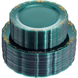 LIYH 100 Pcs Clear Green Plastic Plates Disposable Heavy-Duty Elegant Clear Gold Green Party Plates Include 50 Dinner Plate & 50 Dessert Plate Suitable for Wedding