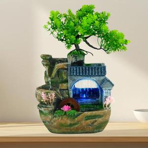 Tabletop Waterfall Fountain, Resin Indoor Desk Fountain with Color-Changing LED Lights, Quiet Pump Small Rockery Water Feature with Faux Bonsai Tree for Home, Office, Bedroom, Relaxation Decor
