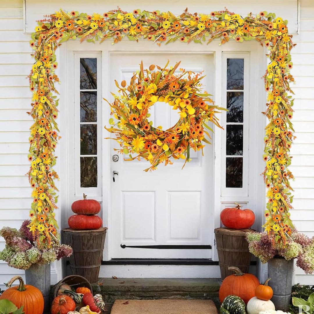 Fall Leaves Garland Thanksgiving Decor, 6ft Artificial Garland for Mantle, Flowers, Eucalyptus, Bamboo Leaf, Autumn Harvest Decorations Thanksgiving Xmas Door Windows Table Fireplace Decor (1 Piece, Golden)