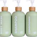 OLLIES Shampoo and Conditioner Dispenser, Shower Soap Dispenser for Bathroom-Set of 3 with Permanent Stylish Label-17oz, 500ml Refillable Shampoo and Conditioner Bottles Green