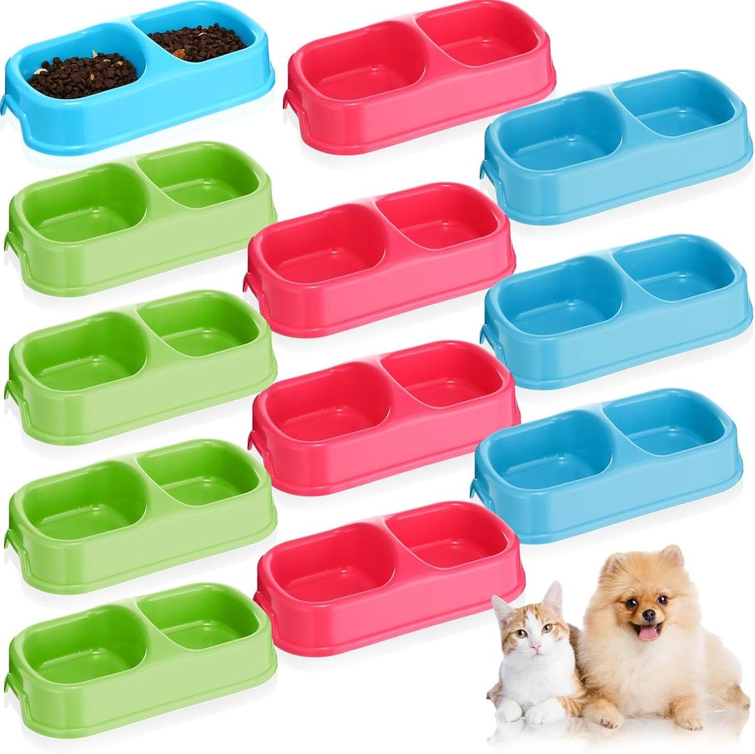 Hsei 12 Pieces Plastic Cat Dog Food Water Bowl Set Double Pet Dog Food Bowl for Kennel Cattery Small Medium Size Cats Puppies, 3 Assorted Colors