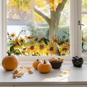 Fall Floral Window Clings Fall Sticker for Glass Window Door Home Office Decor, Autumn Orange Sunflower