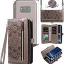 Asuwish Phone Case for Samsung Galaxy S8 Zipper Wallet Magnetic Detachable Cell Cover with Tempered Glass Screen Protector Crossbody Strap Mandala Flower Card Holder S 8 8S Edge SM-G950U Women Gray