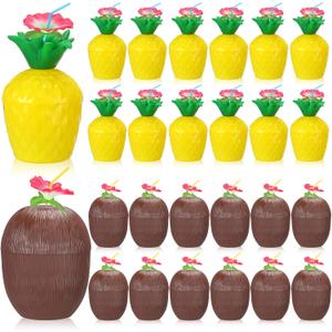 24 Pieces Tropical Pineapple Coconut Cups Plastic Hawaii Cups with Hibiscus Flower Straws for Adults Hawaiian Luau Party Summer Beach Party Pineapple Carnival Celebrations Birthday Decorations