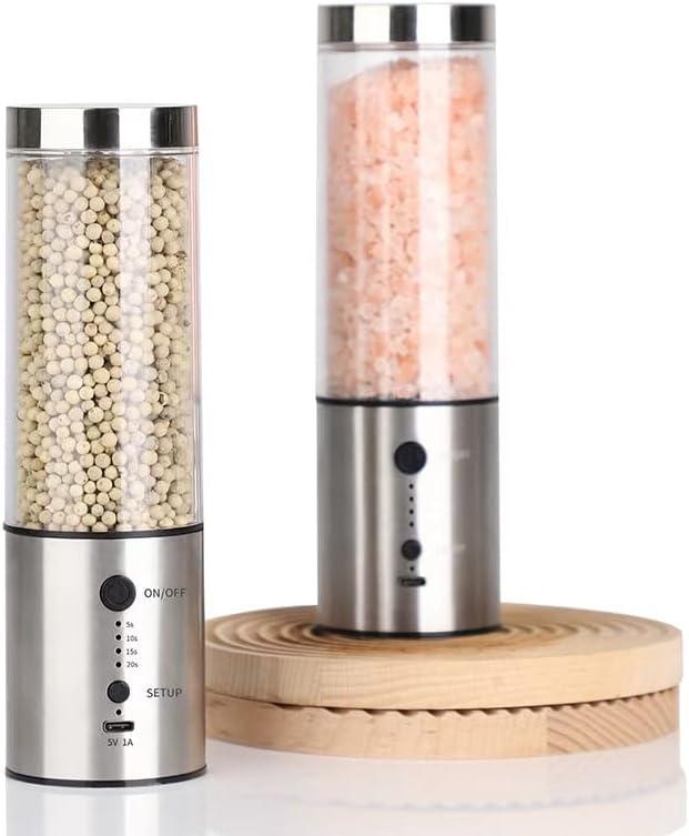 Electric Salt and Pepper Grinder Set of 2, Stainless Steel Mills with LED Light, 240ml Container, Rechargeable, Adjustable Coarseness, Silver