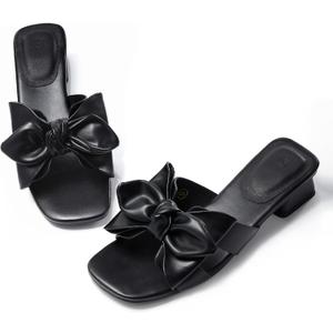 Fashare Womens Bow Dressy Low Heel Sandals Slides Summer Chunky Block Heeled Open Toe Mules Slip on Slippers Shoes, 11