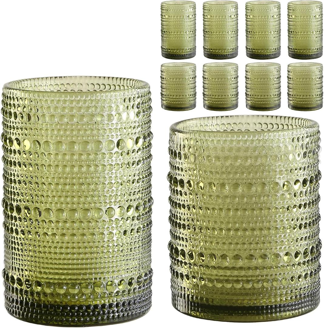 ZMOWIPDL Vintage Hobnail Drinking Glasses Set of 8,Green 12 oz & 15oz Highball Glass Cups, Kitchen Drinkware Glassware,Embossed Water Tumbler,for Beer,Cocktail,Whiskey,Juice and Various Mixed Drinks