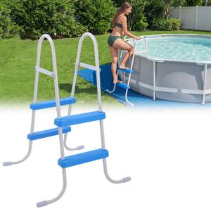 Threlaco 33 Inch Above Ground Pool Ladder 2 Step Steel Frame Swimming Pool Entry Exit Ladder Non Slip Metal Frame Steps, Weight Capacity 300lbs(White and Blue)