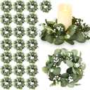 Zeyune 24 Pcs Artificial Eucalyptus Candle Rings Bulk Greenery Leaves Wreath Floral Candle Pillar Holder Garland Baby's Breath Candleholder Gift for Wedding Table Decorations Bridal Shower(Classic)