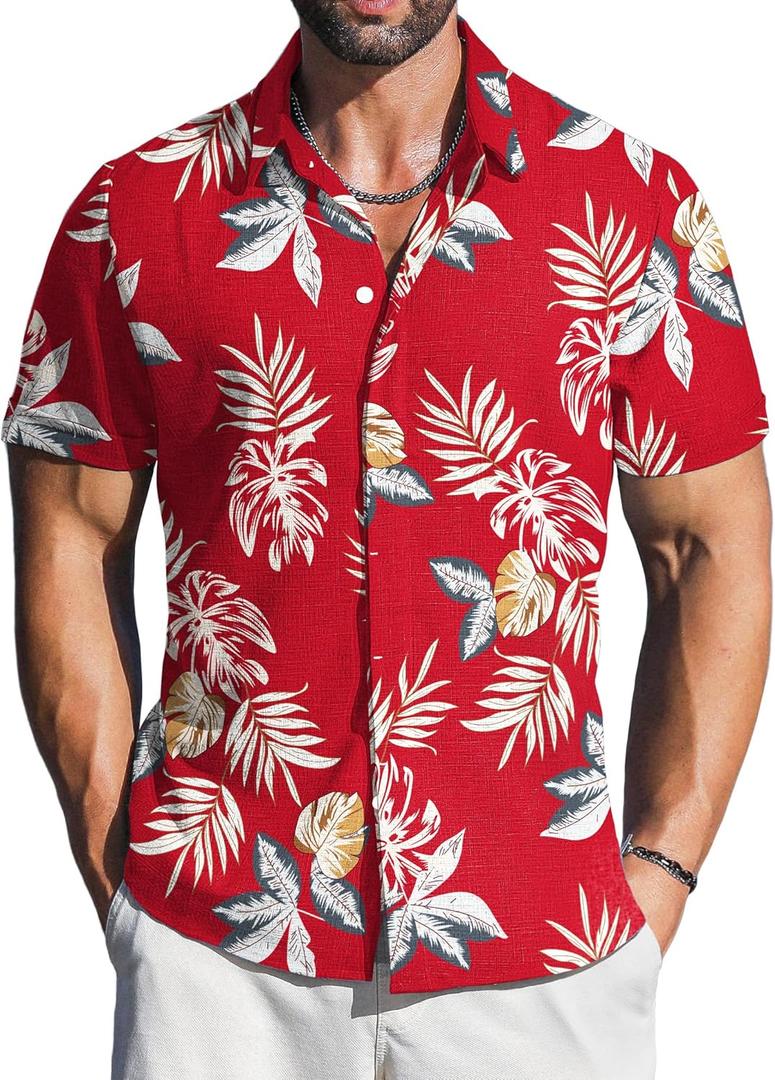 LETSEE Linen Shirts for Men Short Sleeve Blouse Button Down Dress Untuckit Shirts Beach Summer Wedding Hawaiian Outfit (Red, XXL)