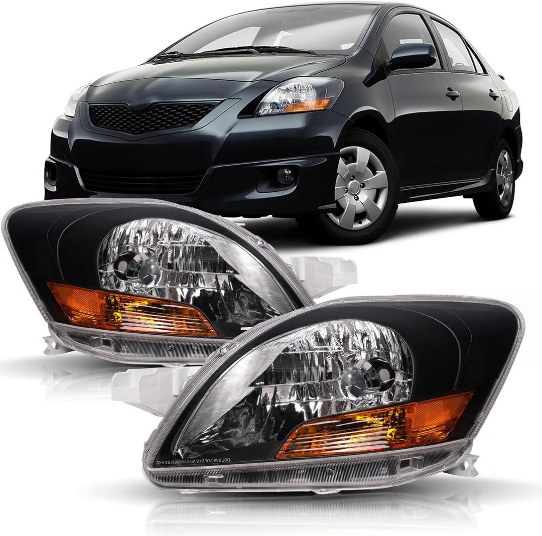 Headlight Assembly Replacement for 2007-2011 Toyota Yaris 4-Door Sedan Halogen Headlamp Pair, Black Housing