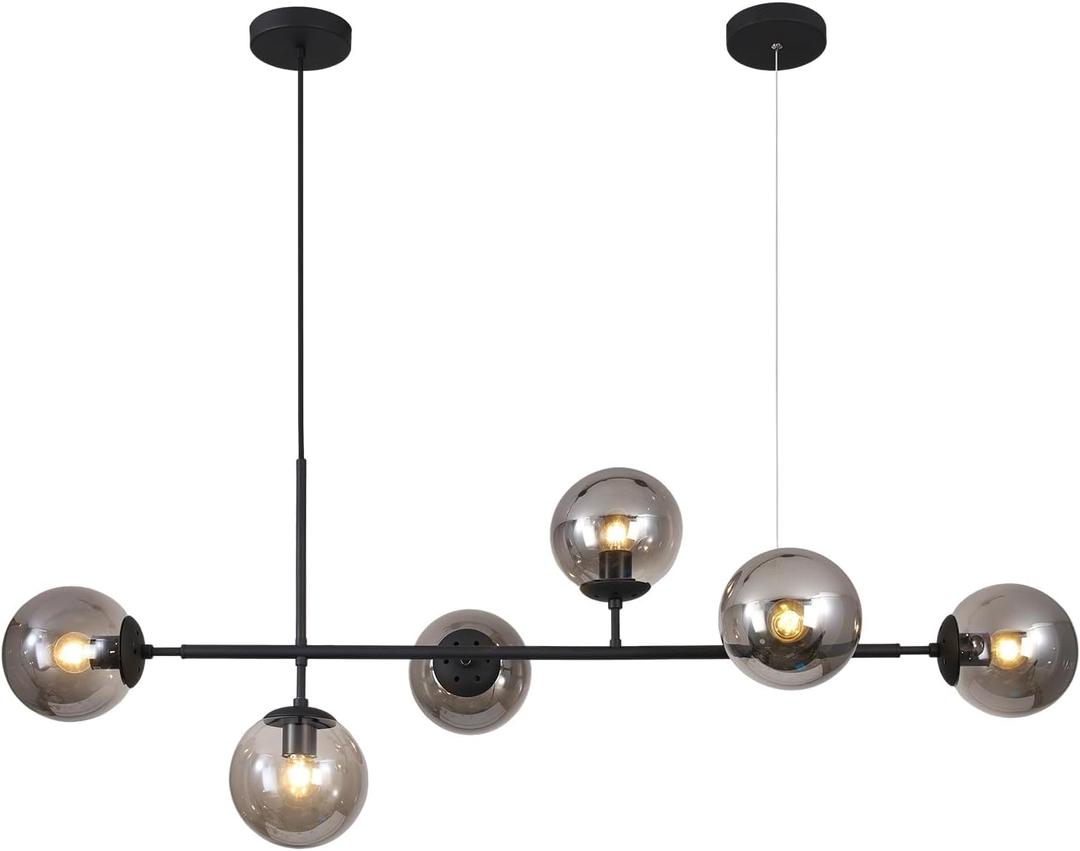 KCO Lighting 6-Light Mid Century Modern Rectangle Sputnik Chandelier Black Farmhouse Linear Chandelier Glass Globe Pendant Light Vintage Kitchen Island Lighting (Black+Smoke Gray)