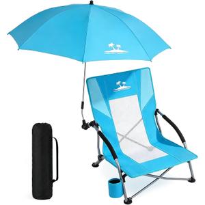 Folding Beach Chair for Adults with UPF 50+ Umbrella, Lightweight Low Beach Chair with Mesh Back, Portable Camping Chair with Carry Bag for Outdoor Beach Lawn Camping, 300lbs Capacity(Blue), 1 Pcs