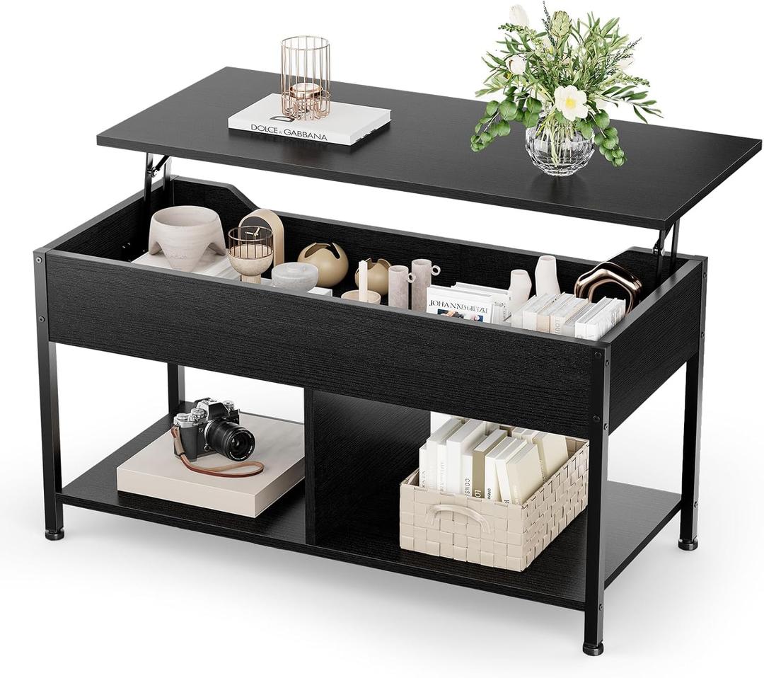 Sweetcrispy Lift Top Coffee Table with Storage 39" Center Table with Hidden Compartment & 2 Shelves Farmhouse, Wood Coffee Table for Living Room with Sturdy Lift-Top Adjustable Feet, Black
