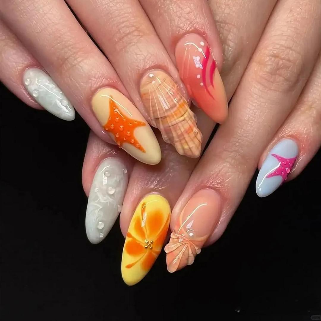 Almond Press on Nails Medium SWEKKE 3D Fake Nails French Tip False Nails with Floral Starfish Shell Pearls Designs Summer Glossy Glue on Nail Stick on Nail for Women Girls 30Pcs
