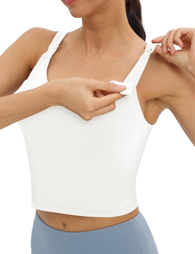 Foucome Womens Nursing Bras for Breastfeeding Maternity Tank Tops Crop Top with Built in Bra Longline Workout Sports Bra (Medium, White)