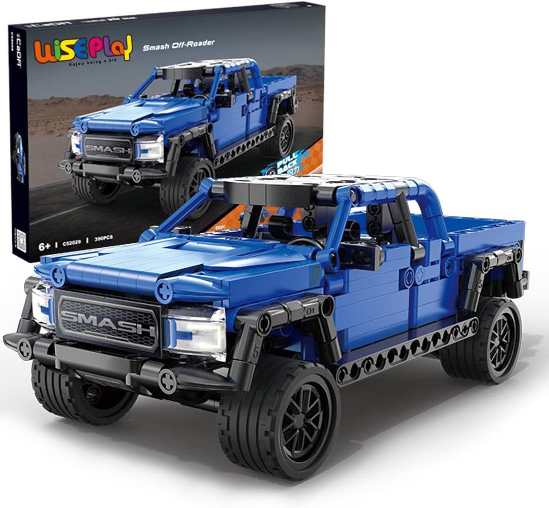 WISEPLAY Off-Road Pull Back Model Cars to Build for Kids 9-12 - 390 PCS STEM Car Building Kit for Boys 8-12 & Girls - STEM Building Toys for Boys Age 8-12 & Girls - Engineering Toys for Kids 8-10 (Blue)