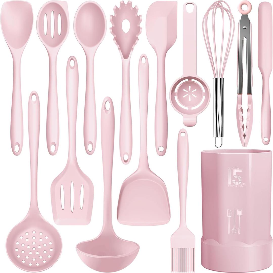 Silicone Cooking Utensils Set - 446F Heat Resistant Kitchen Utensils,Turner Tongs,Spatula,Spoon,Brush,Whisk,Kitchen Utensil Gadgets Tools Set for Nonstick Cookware,Dishwasher Safe BPA Free(Pink)