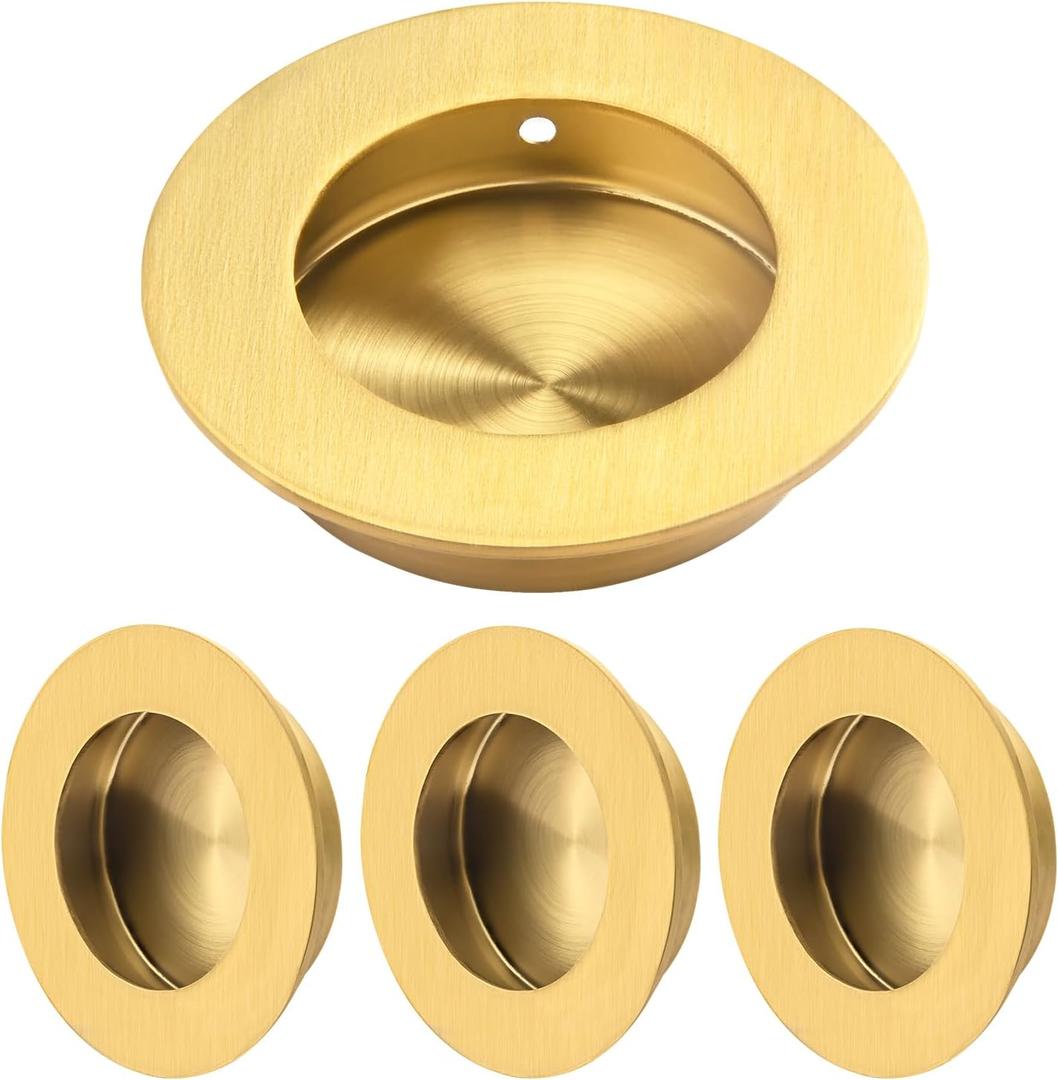HOMOTEK 4 Pack Round Sliding Closet Door Handles Diameter 2-1/2 in(65mm) Brushed Gold Flush Pocket Pulls Recessed Bypass Door Handles, Stainless Steel Barn Door Finger Pull Set