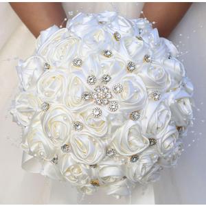 Bridal Wedding Bouquet Round Bling Brooch Bouquet Throw Toss Artificial Rose Flower Bunch for Bride Bridesmaid Wedding Quinceanera(Ivory, 9.8")