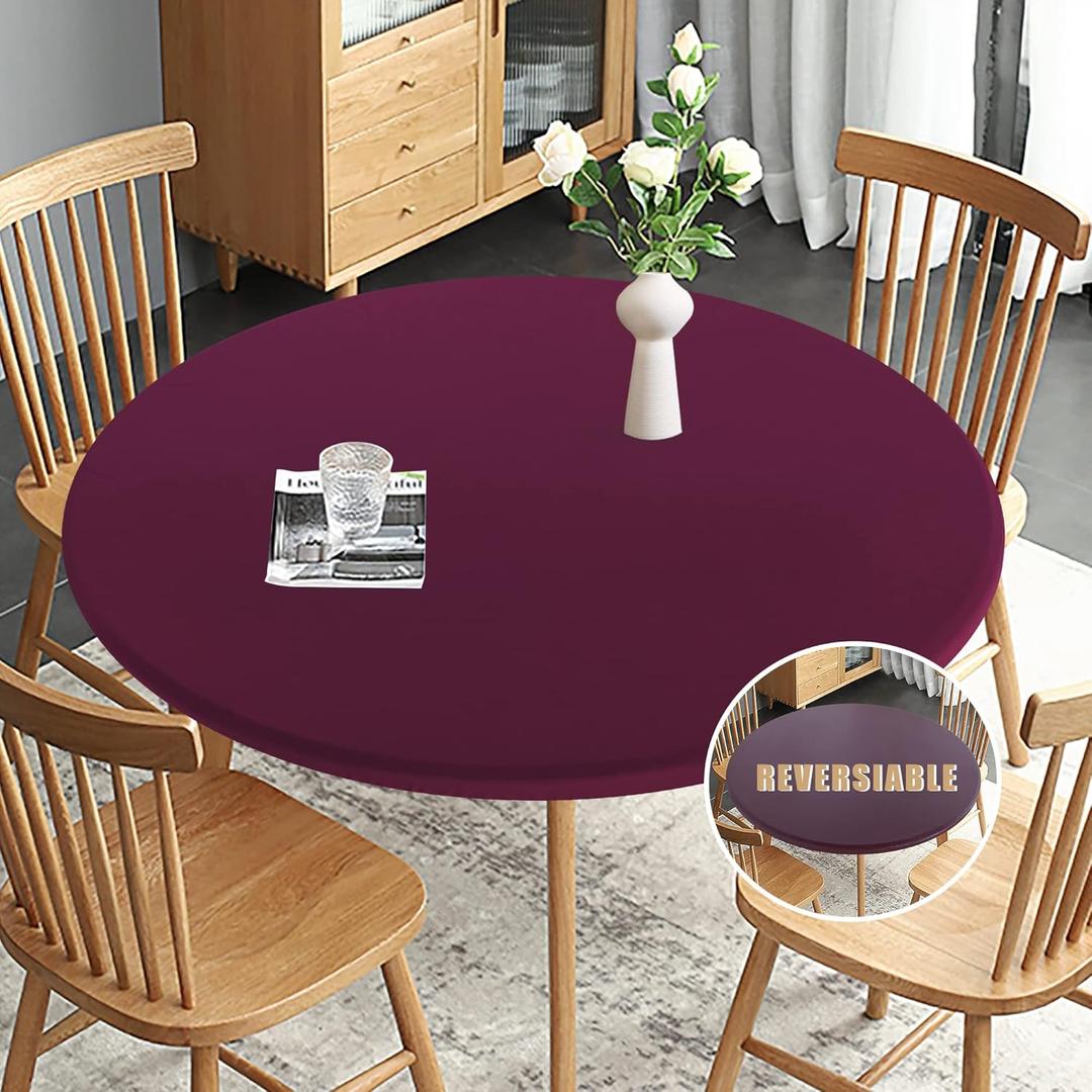 Obstal Fitted Round Table Cloth, Reversible Waterproof Stain Resistant Elastic Stretch Tablecloth, Wipe Clean Table Cover for Outdoor/Indoor Use, Fits Round Tables up to 48" - 56" Diameter, Burgundy