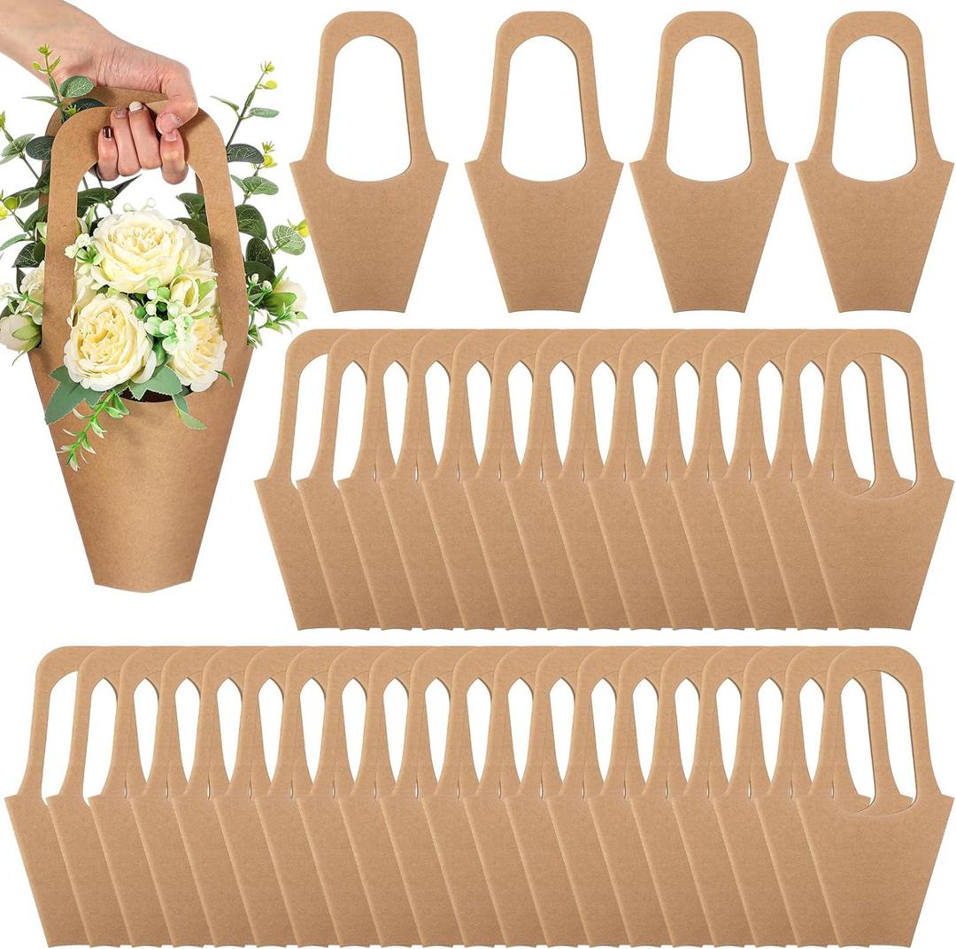 100 Packs Kraft Paper Flowers Gift Bags with Handle, 13.8'' Flowers Bouquet Holder for Wedding, Valentines Day Decoration, Florist Shop