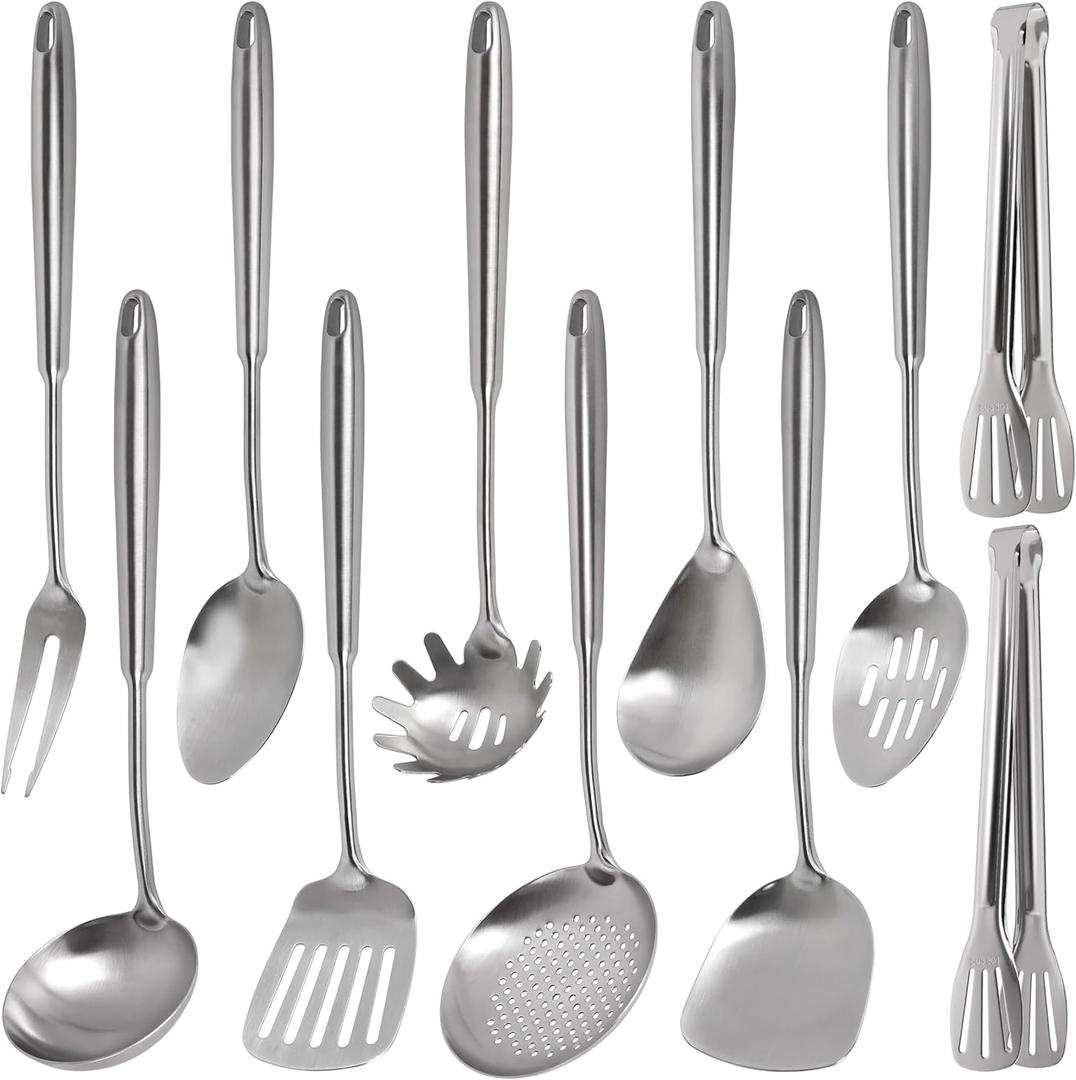 11PCS Cooking Utensils Set - 304 Stainless Steel Kitchen Utensils Set, Metal Cooking Tools & Serving Utensils, Fork, Tongs, Turner, Pasta, Serving Spoon, Skimmer, Ladle, Spatula Spoon, Dishwasher Safe (Silver-11 Pieces)