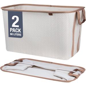 CleverMade Collapsible Laundry Basket Hamper - LUXE Cream Herringbone 2Pack 60L -SpaceSaving Storage Organizer with Handles Foldable Home Organization