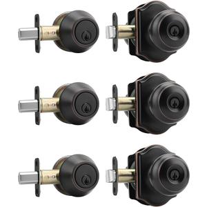 Haidms Exterior Deadbolt and Keyed Entry Bronze Door Knob Set, KeyedDifferent Entry Front Door Knobs, Deadbolt Oil Rubbed Bronze Doorknob with Lock and Key(3 Pack)