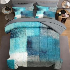 7 Pcs Queen Size Comforter Set with 2 Pillowcases & 2 Shams, Turquoise Grey Painting Bedding for Kids and Adults, Teal Contemporary Gray Bed in a Bag with Flat Fitted Sheet (Turquoise Teal)