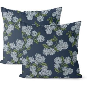 Navy Blue Spring Pillow Covers 22x22 Inch 2 Pcs Blue Green Hydrangea Flower Decor Throw Pillows Vintage Floral Seasonal Summer Outdoor Decoration Pillowcase Linen Cushion Cover for Couch Sofa