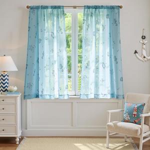 jinchan Blue Sheer Curtains for Living Room Bedroom Coastal Nursery Curtains 63 Inch Long Beach House Voile Transparent Seashell Seahorse Printed Window Treatments Set Rod Pocket 2 Panels