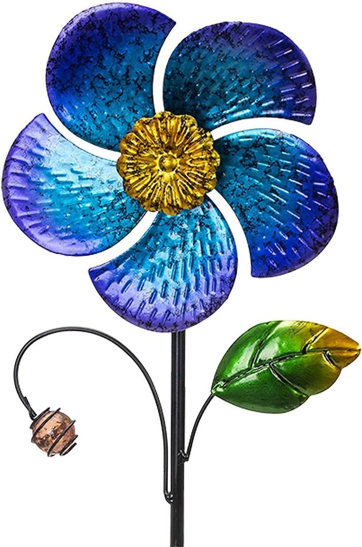 Viveta Wind Spinner with Metal Stake, 28.7 inches Outdoor Garden Pinwheels Spinners Blue Flower Shape Design for Yard Lawn Patio Decor