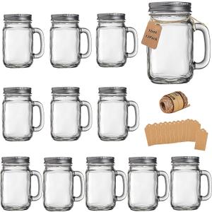 TANGLONG Mason Jar Cups, Mason Jars With Handle And Lids, Drinking Glasses Cups, Glass Mugs with Handles 16 oz 12 Pack