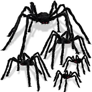JOYIN 5 Packs Halloween Decorations Outdoor Giant Spiders, Large Black Hairy Spider Set with Different Size for Halloween Outside Decor, Lawn, Yard, Indoor Decor(35", 30", 24", 20", 12")