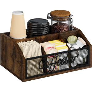 YINMIT Coffee Station Organizer for Countertop, Wood Coffee Bar Organizer with Removable Dividers for Pods, Syrup, Cups, Stirrer, Tea - Office Coffee Bar Accessories (1 Tier, Iron Mesh-Brown)