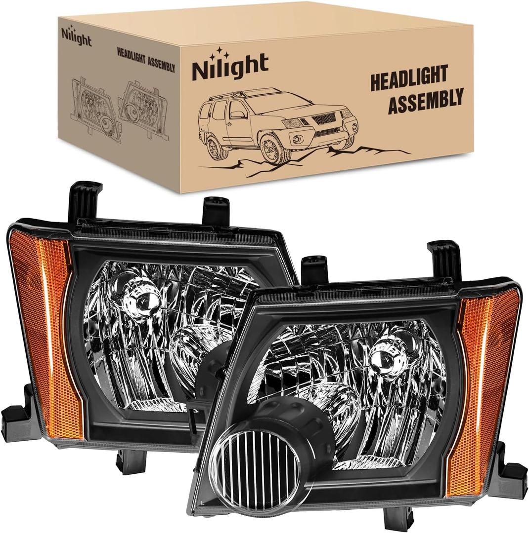 Nilight Headlight Assembly Compatible with 2005 2006 2007 2008 2009 2010 2011 2012 2013 2014 2015 Nissan Xterra OE Style Replacement Black Housing Amber Reflector Headlamp Passenger and Driver Side
